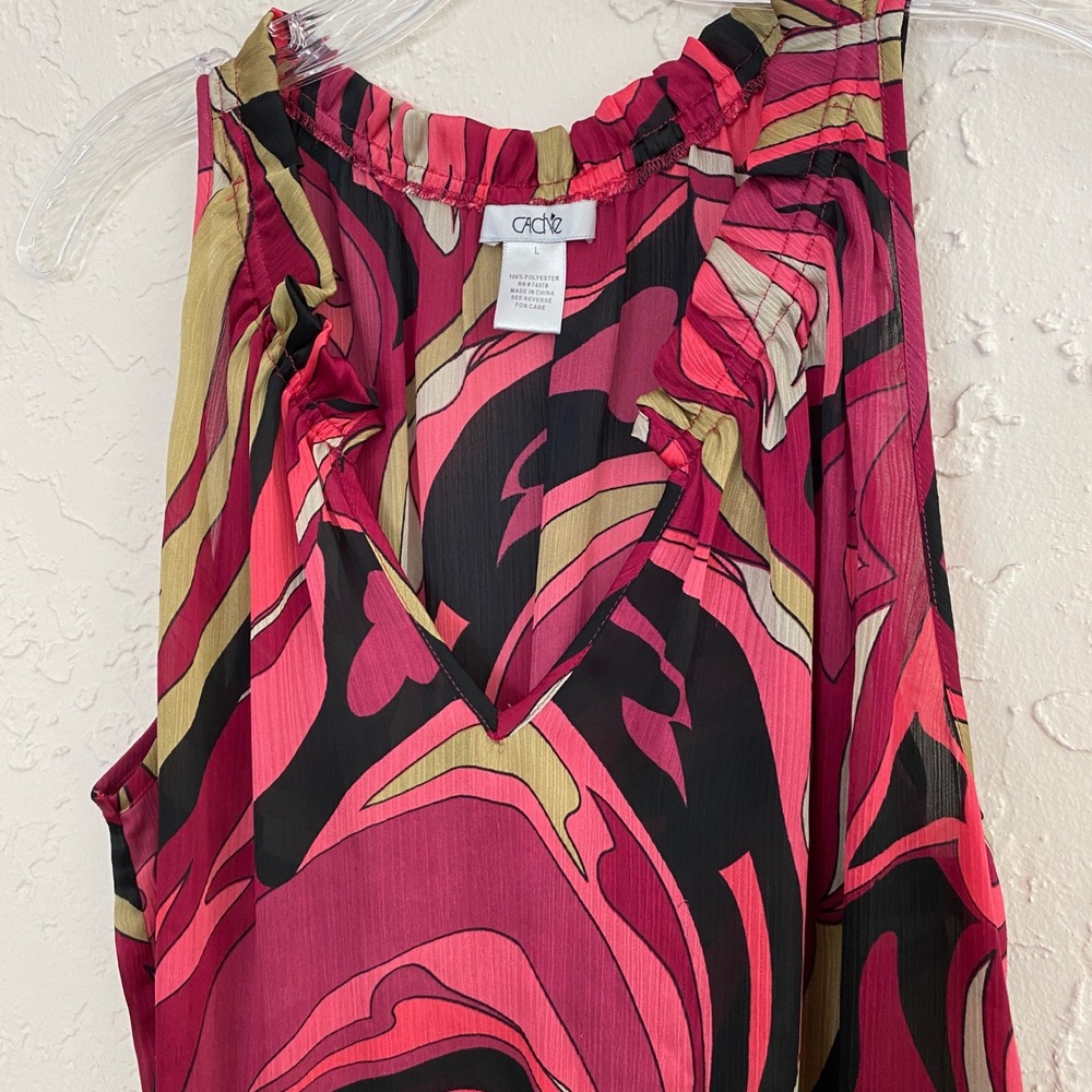 Cache Y2K Funky Print Tank Top Women Large Pink Abstract V-Neck Ruffle - Picture 3 of 7